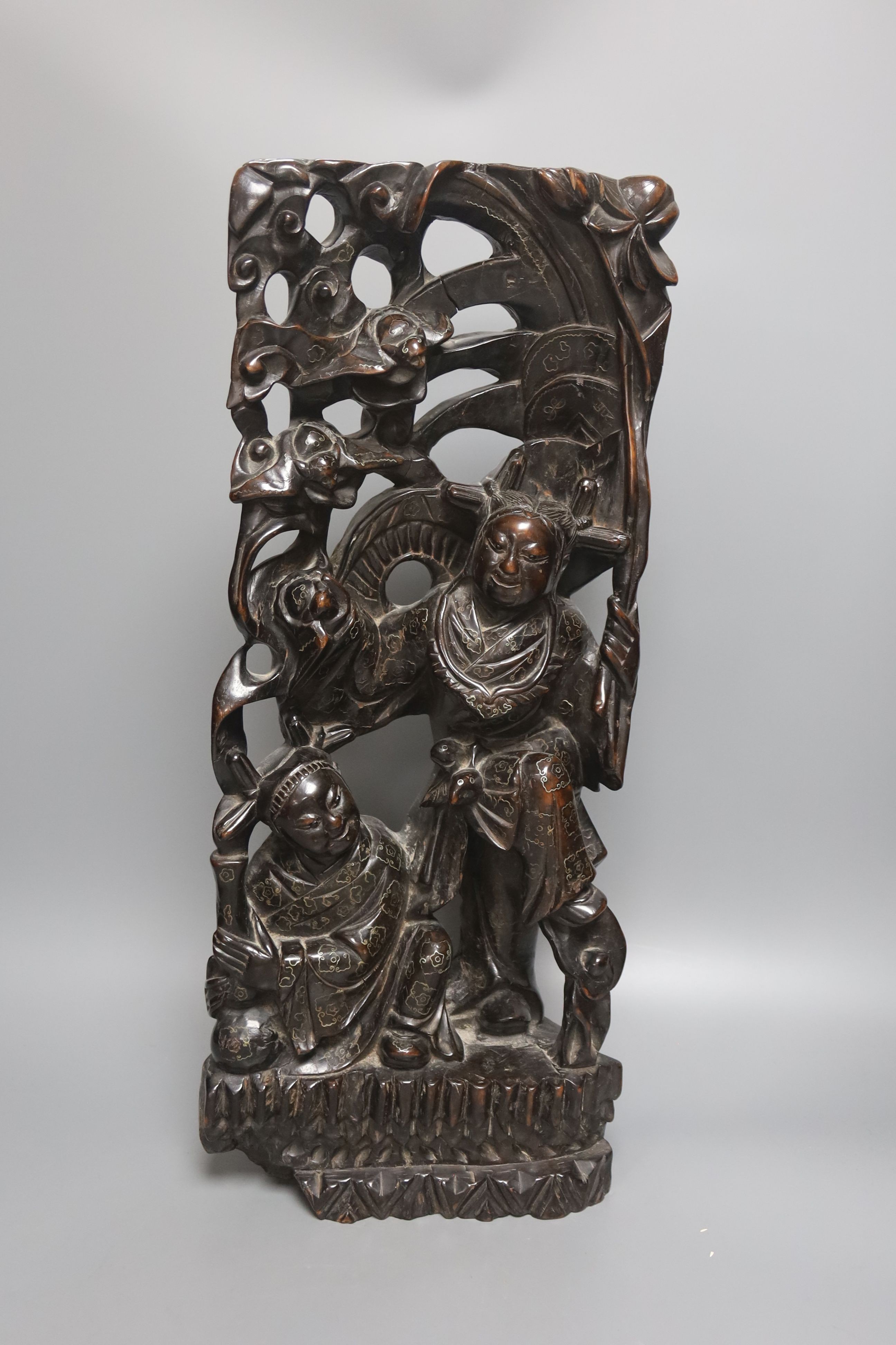 A Chinese hardwood and wire inlaid group of the He He Erxian and a similar figure of Budai, both early 20th century, tallest 49cm